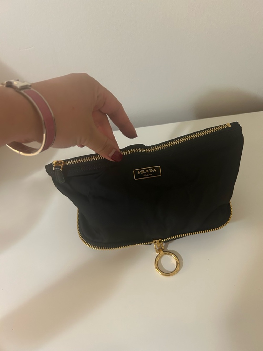 Authentic Prada Black Nylon Zip Pouch with Gold Hardware compact